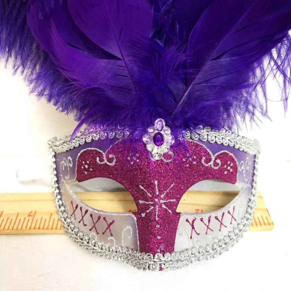Mardi Gras Style Purple Silver Mask with Purple Ostrich Feathers EUC